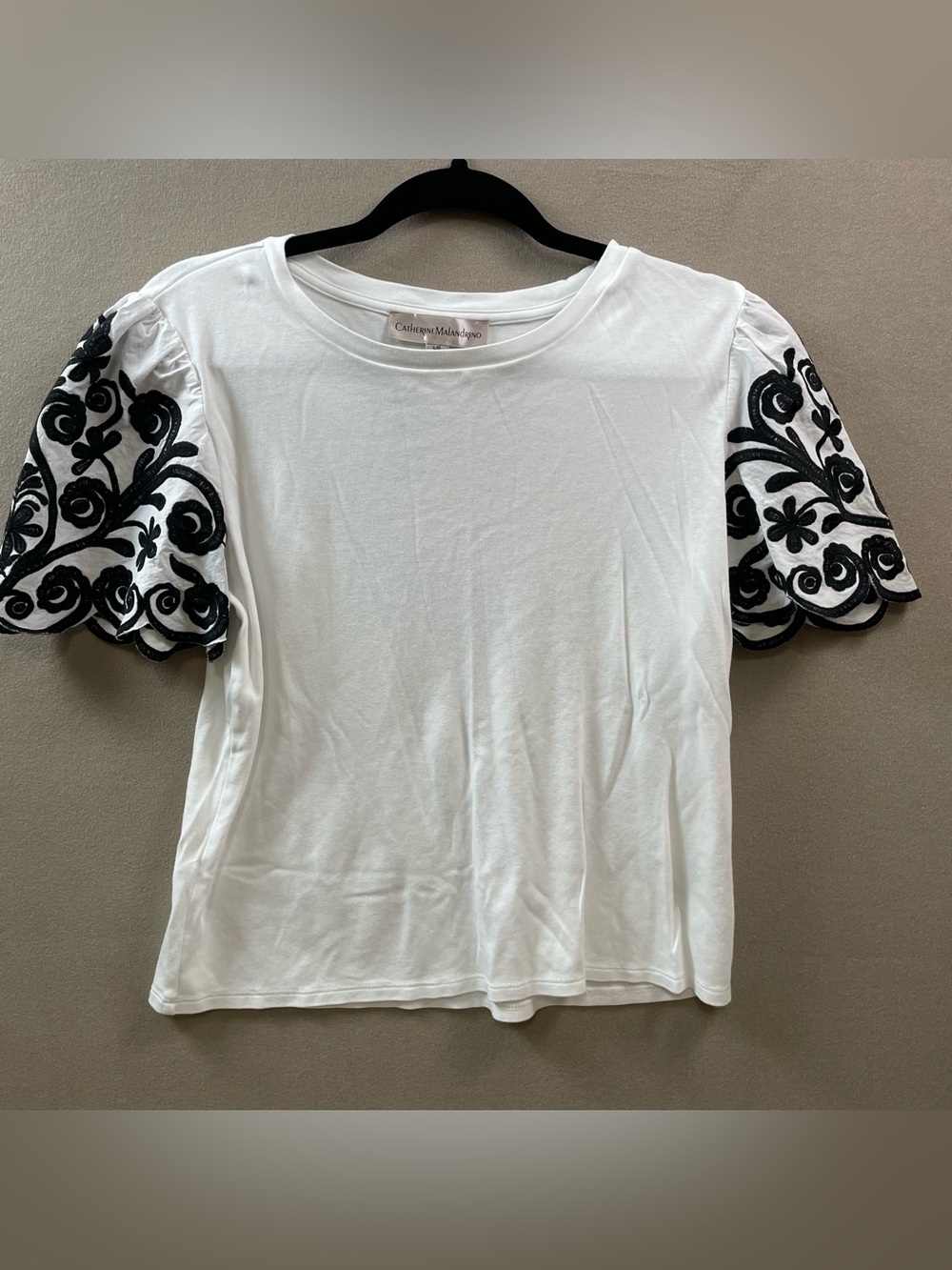 Catherine Malandrino large White Tee with Black Embroidered Puff Sleeves